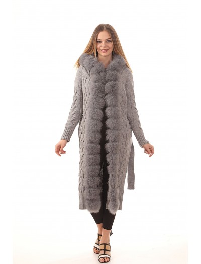 Women's Gray Shearling Long Knitwear Coat