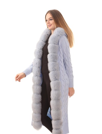 Women's Blue Shearling Long Knitwear Coat