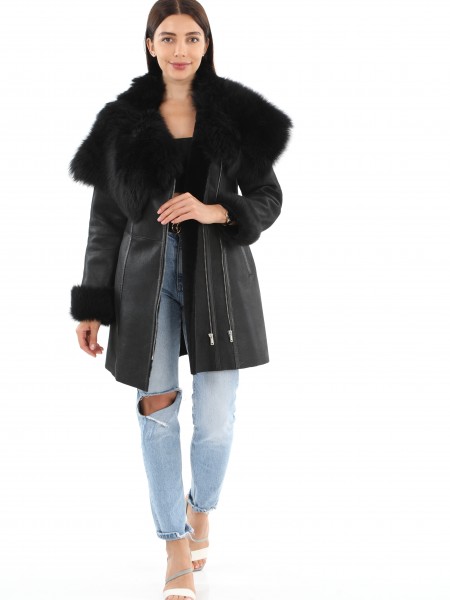 Black Women's Hooded Fur Leather Coat