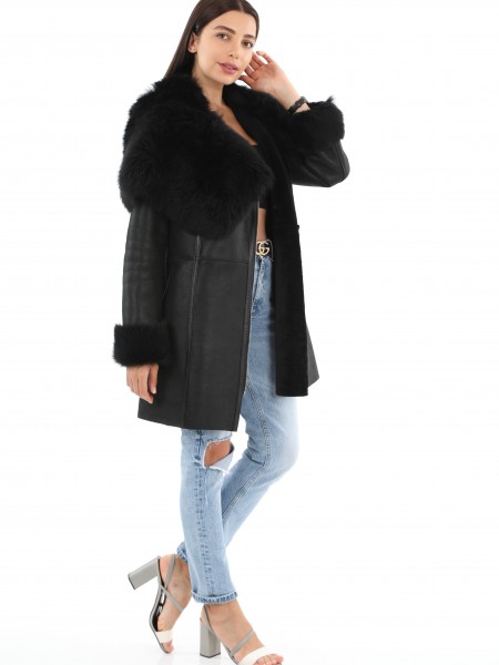 Black Women's Hooded Fur Leather Coat