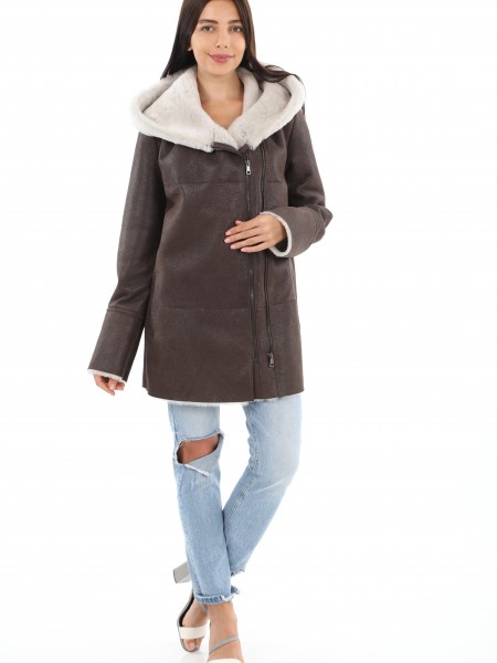 Coffee Color Stylish Women's Sheepskin Coat