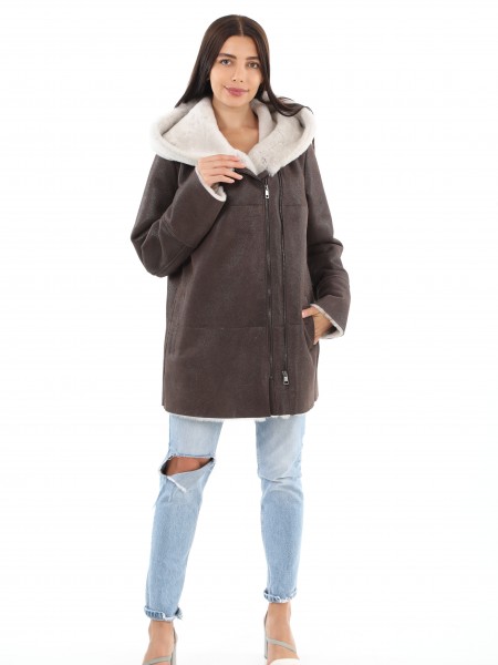 Coffee Color Stylish Women's Sheepskin Coat